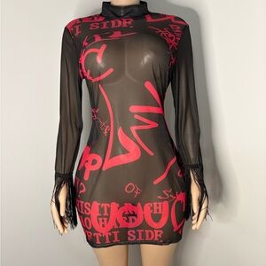 Black & Red Urban Graphic Lace Dress